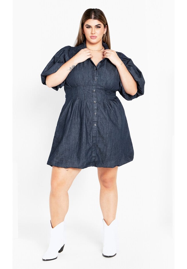 Denim Ella Puff Sleeve Mini Dress - dark denim, DARK, on-hover image number 1