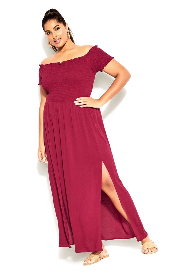Smock Off Shoulder Maxi Dress - rhubarb, RED, alternate image number null