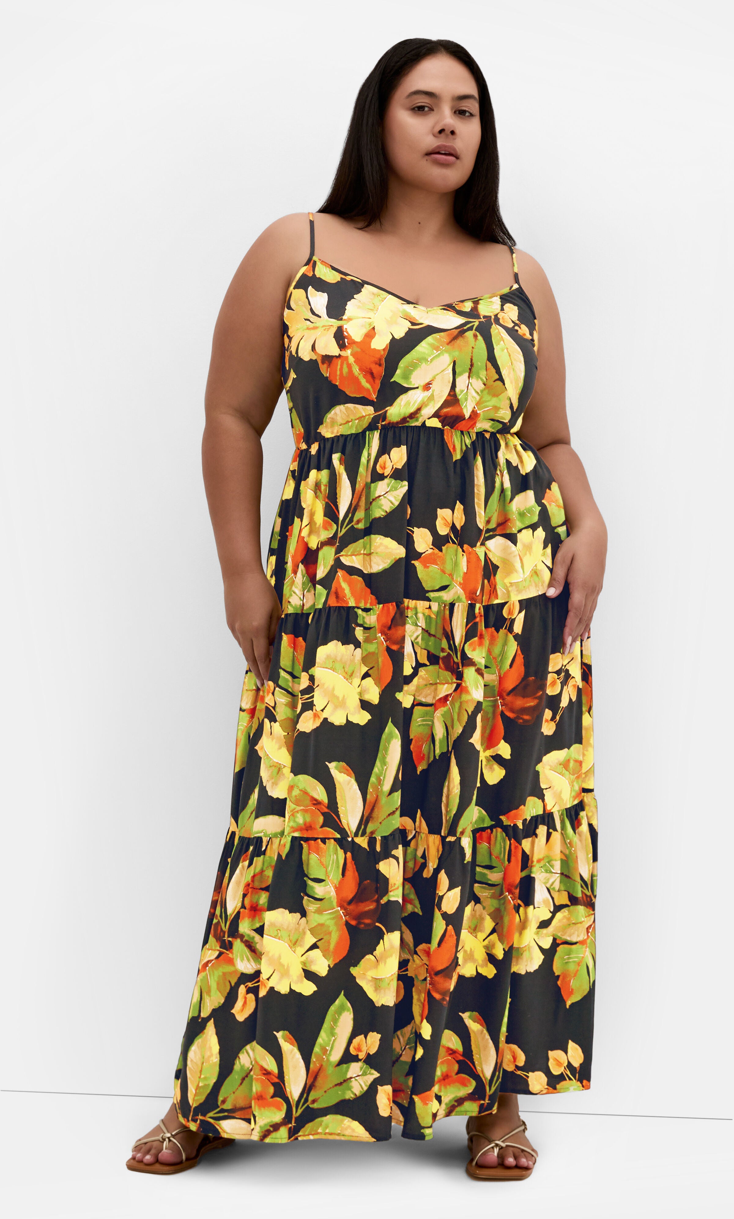 Oasis Tropical Maxi Dress - foliage leaves print, ORANGE, hi-res image number 0