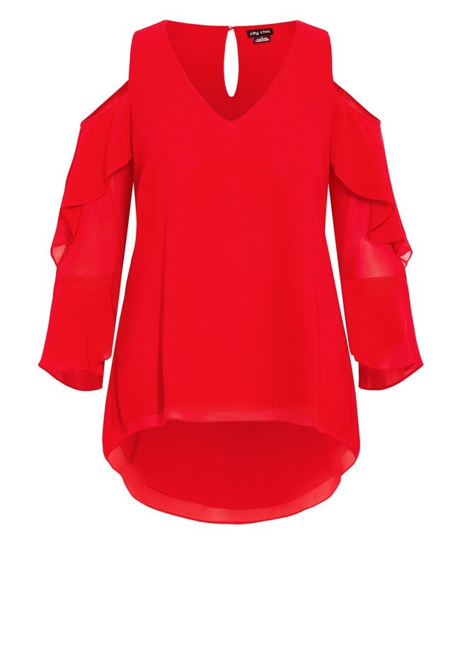 Hi Lo Cold Shoulder Top - love red, RED, alternate image number null