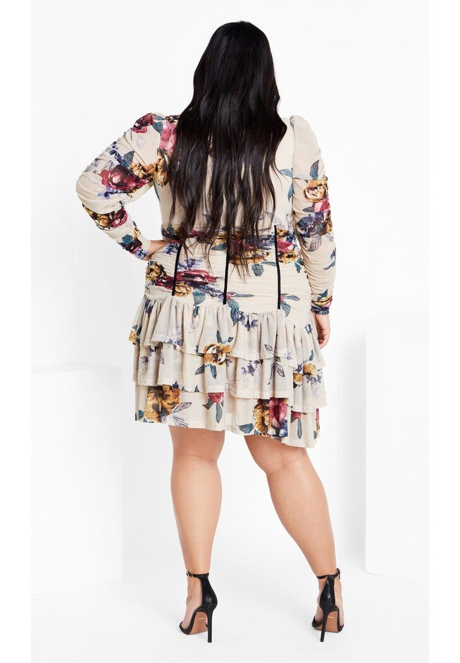 Mesh Ruche Print Dress - cream, GREY, alternate image number null
