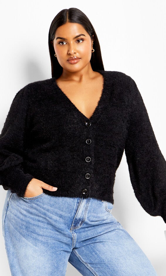 Fluffy Button Cardigan - black, BLACK, alternate image number null