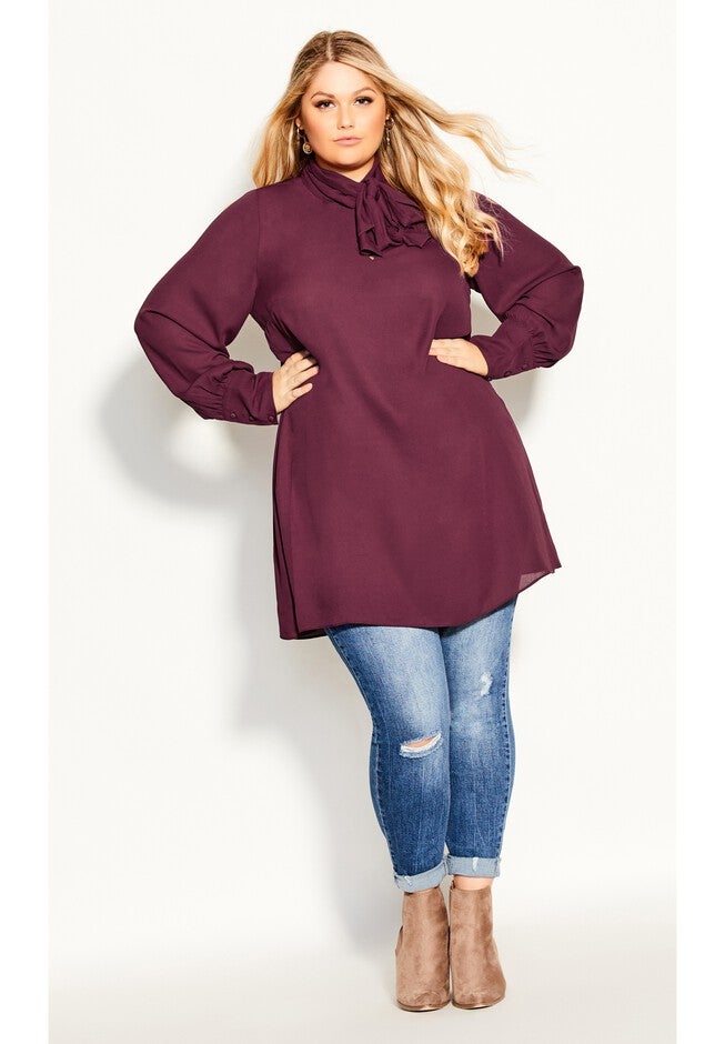 Neck Tie Tunic - plum, RED, on-hover image number 1