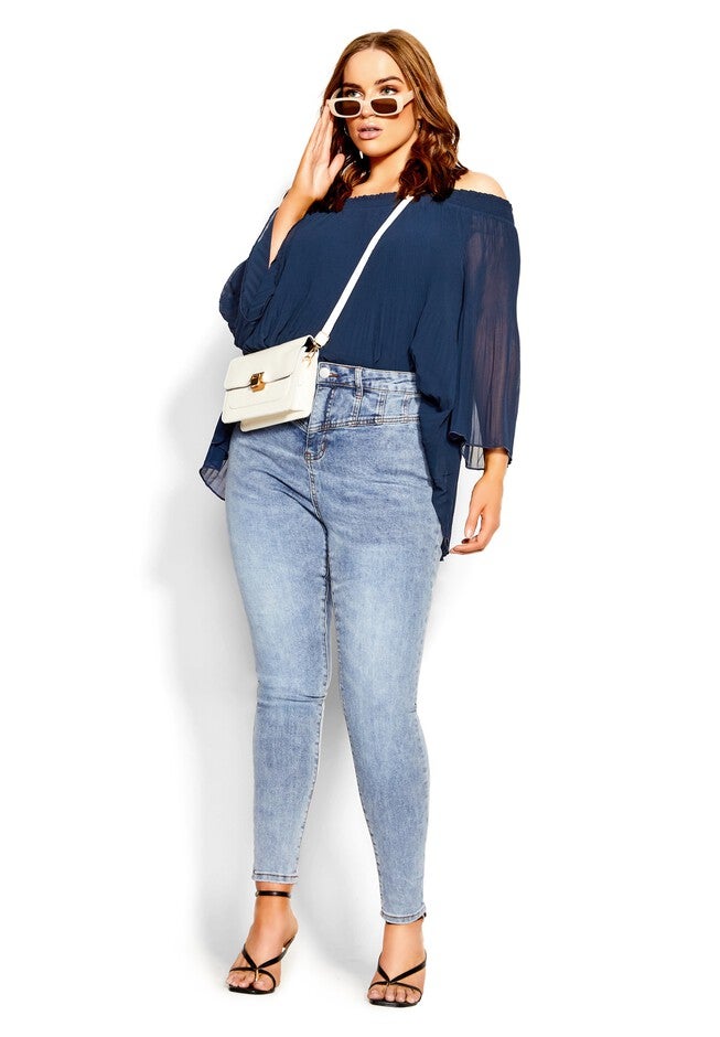 Pleated Off Shoulder Top - navy, BLUE, alternate image number 2
