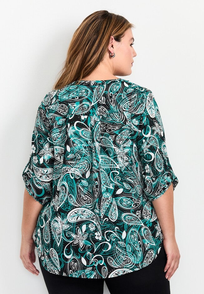 Madeline Tab Slv Prt Blouse, EMERALD PAISLEY, on-hover image number null