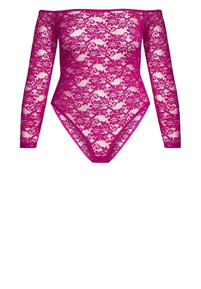 Sheer Lace Bodysuit - cerise, PINK, alternate image number 3