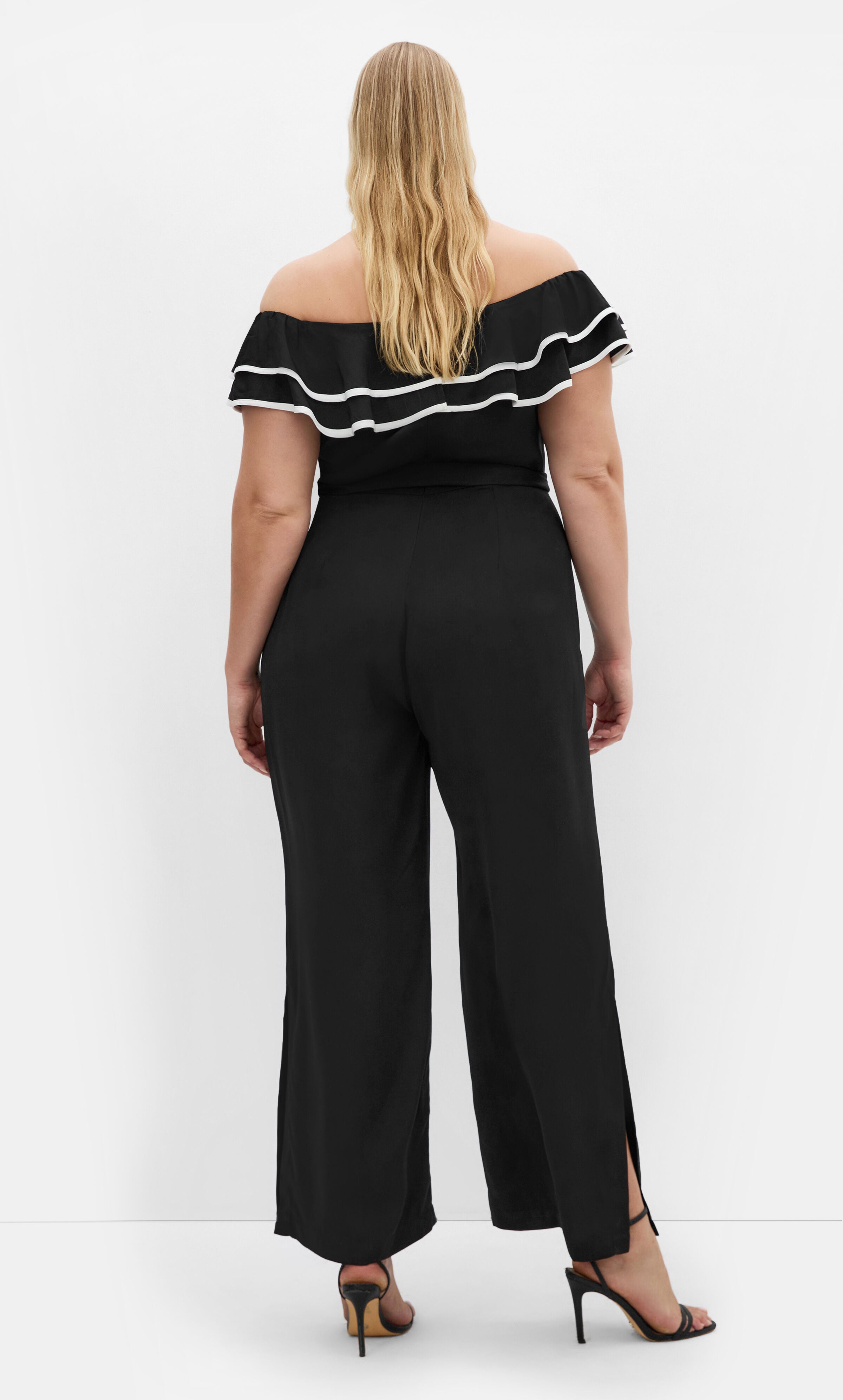 Demure Off Shoulder Frill Jumpsuit - black, BLACK, alternate image number 2