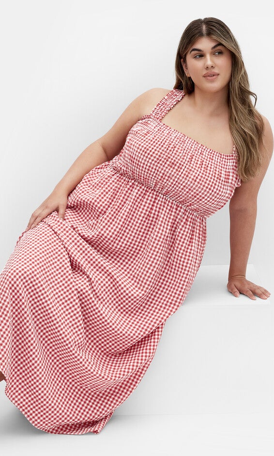 Cute Gingham Maxi Dress - red, RED, alternate image number null