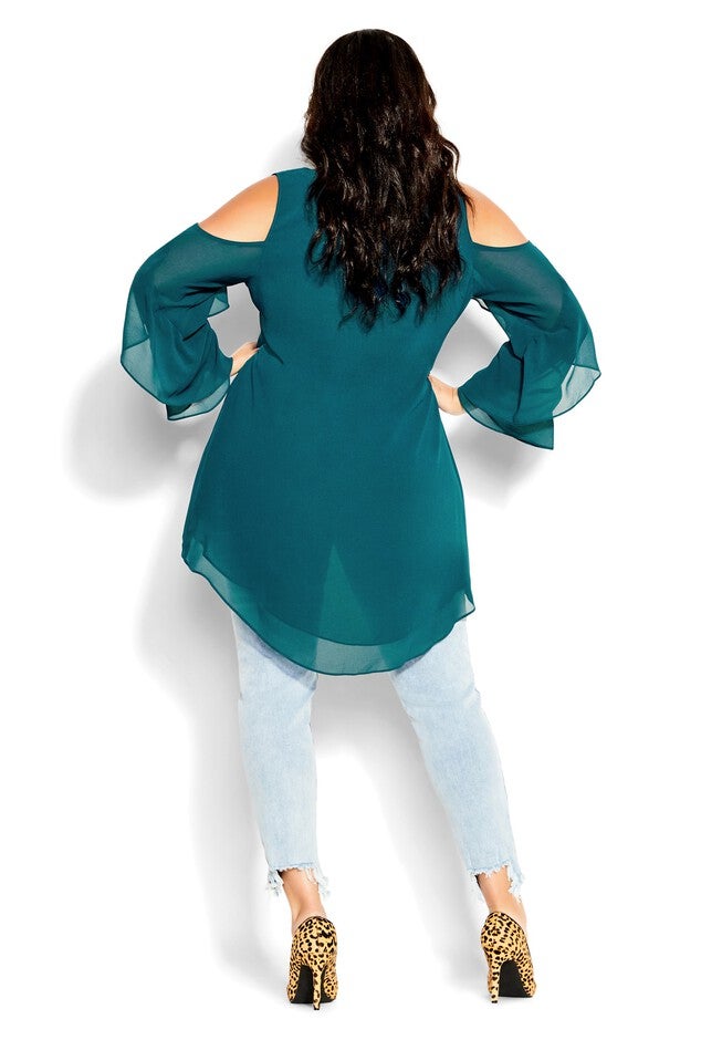 Hi Lo Cold Shoulder Top - teal, GREEN, alternate image number 2