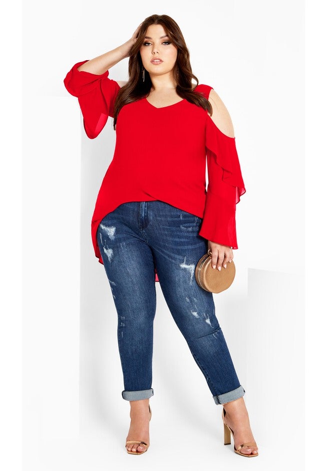 Hi Lo Cold Shoulder Top - love red, RED, hi-res image number null