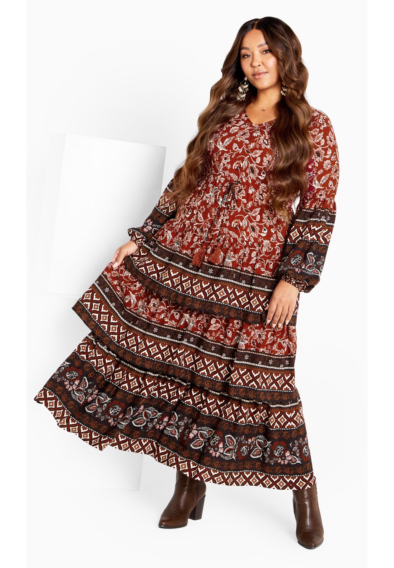 Faye Tiered Maxi Dress, FLAME BORDER, hi-res image number 0