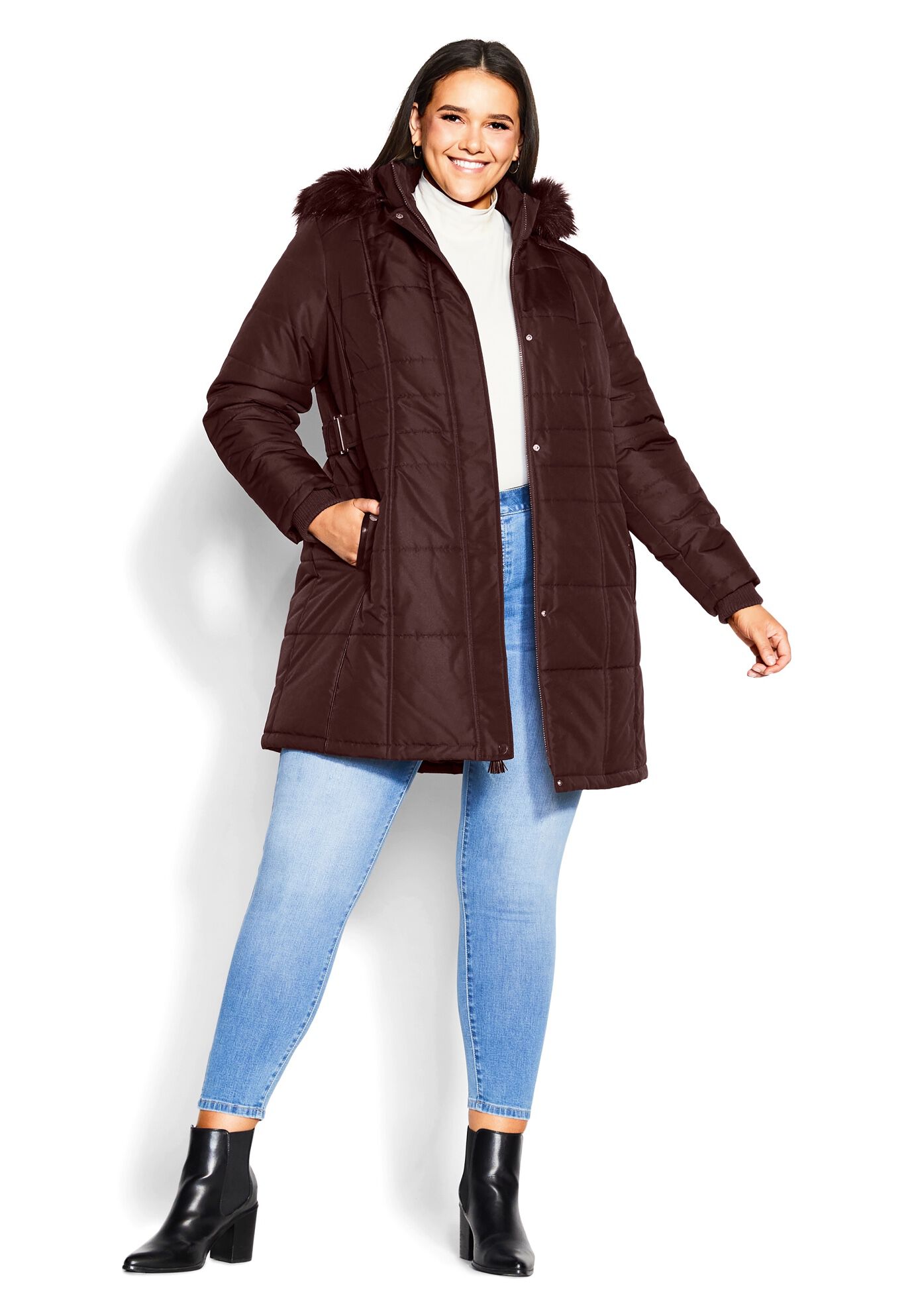 Side Belt Puffer Coat, WINE, alternate image number 2