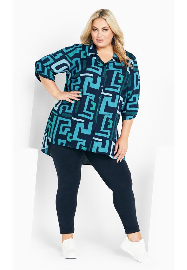 Longline Print Blouse, NAVY TEAL GEO, alternate image number null
