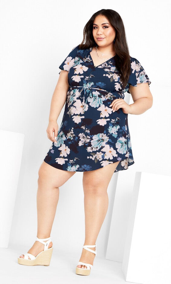 Megan Print Dress - navy, NAVY SHY ORCHID, alternate image number 2
