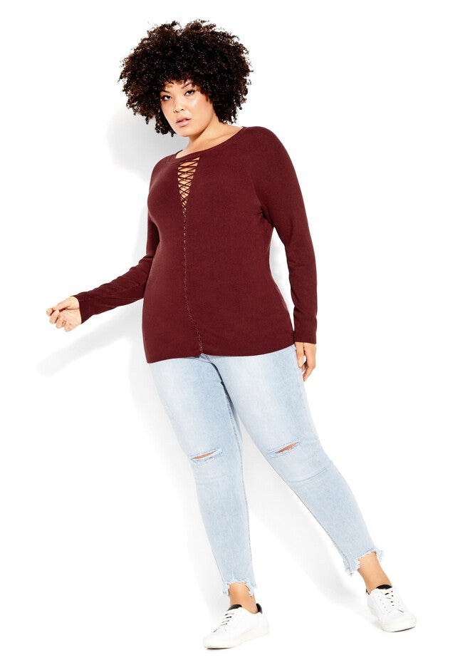 Criss Cross Sweater - beet red, RED, on-hover image number 1