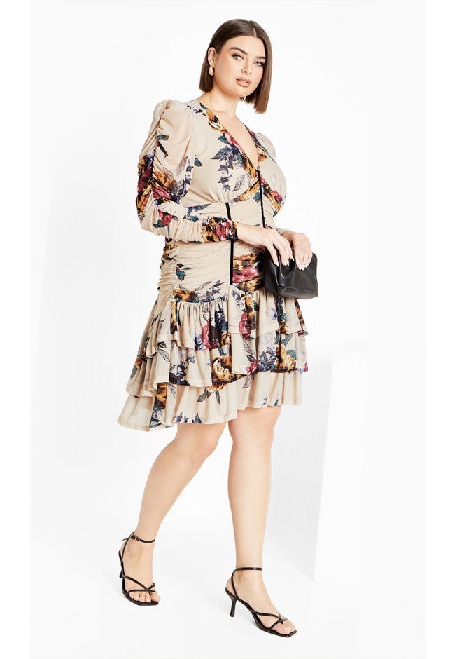 Mesh Ruche Print Dress - cream, GREY, alternate image number null