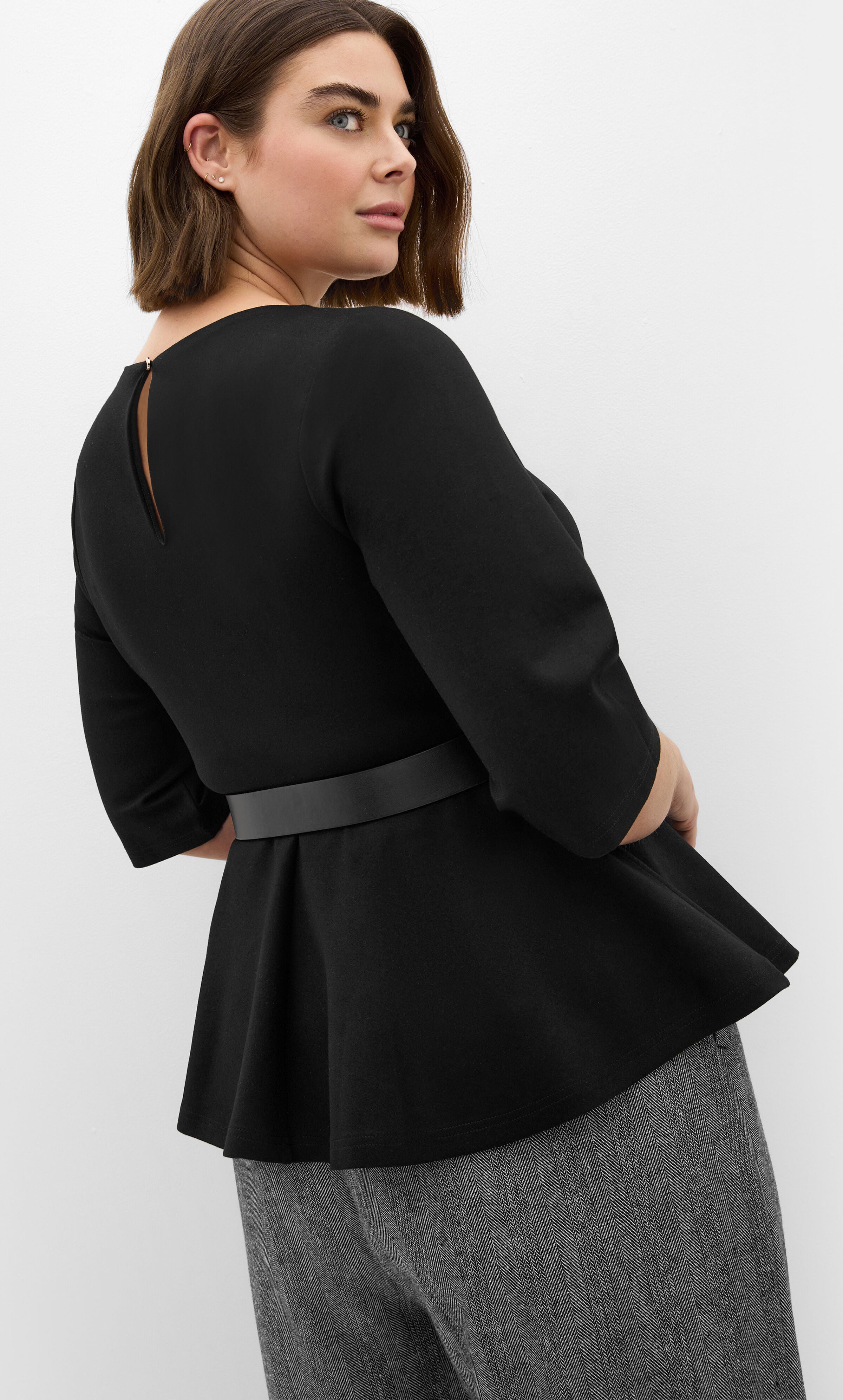 Paige Belted Peplum Top, BLACK, alternate image number 2