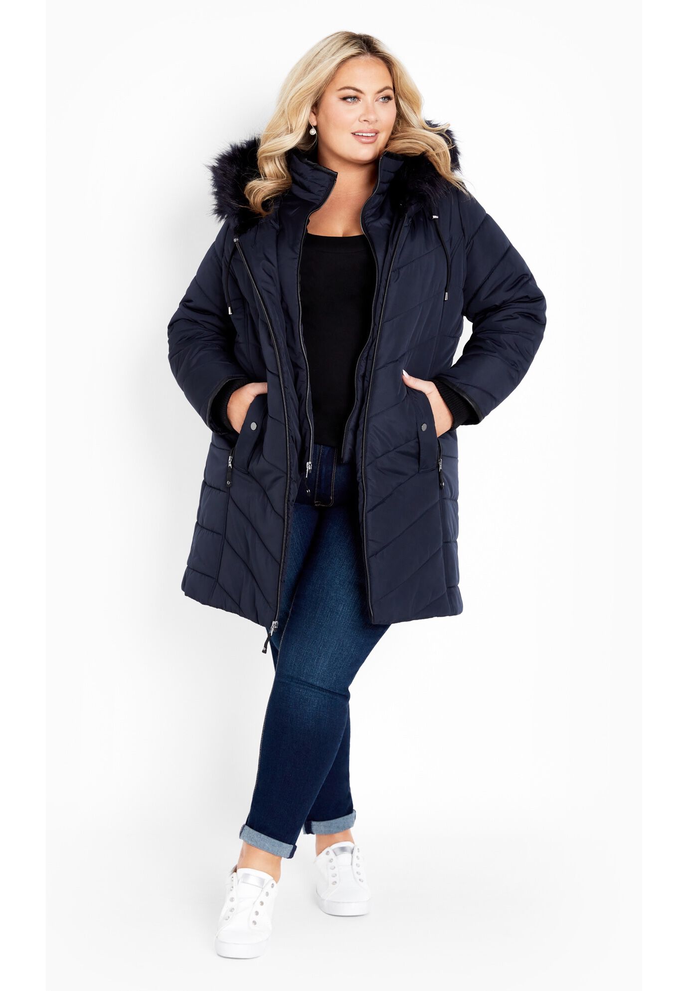 Chevron Faux Fur Hood Long Puffer Coat Avenue