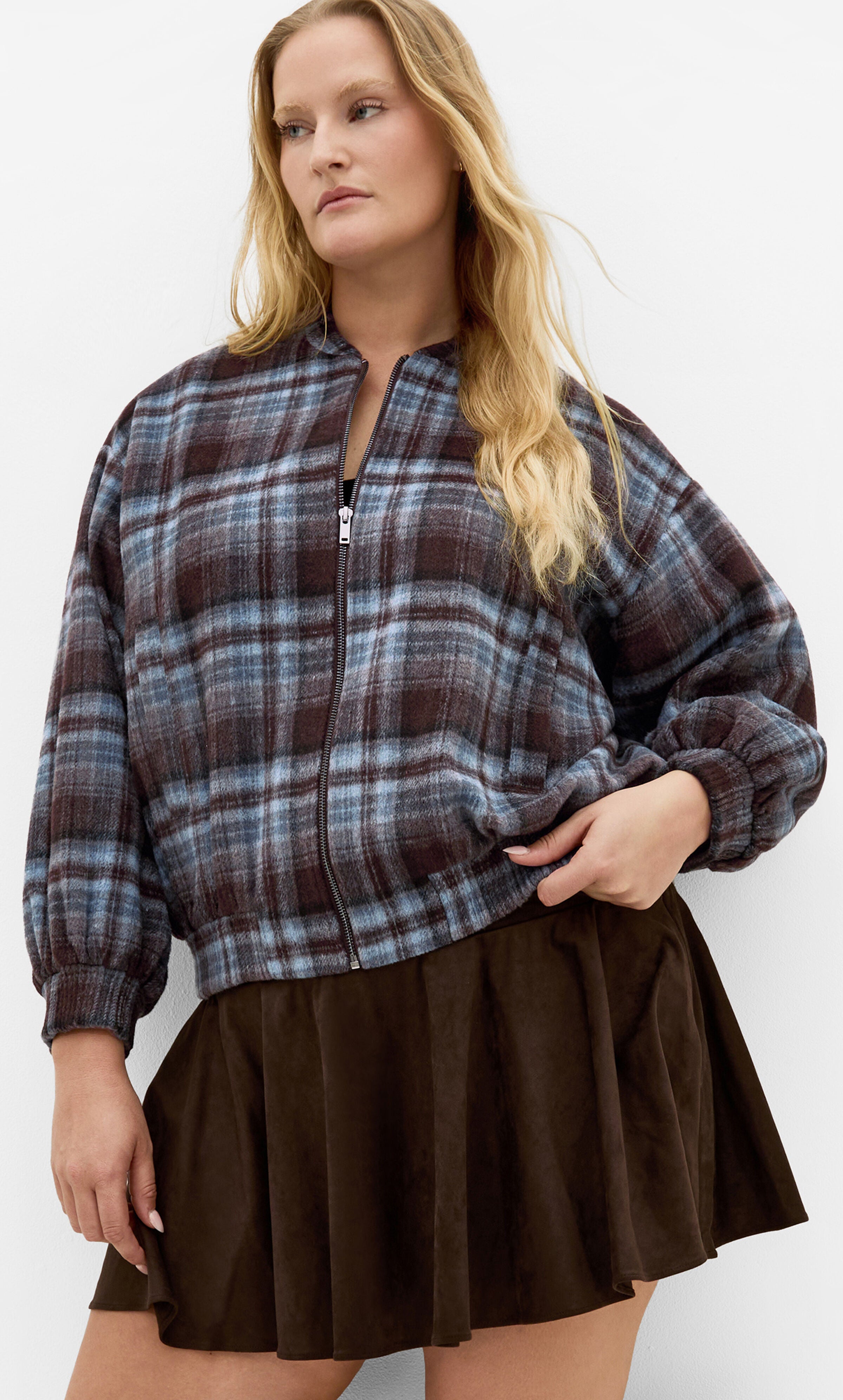Mila Check Bomber Jacket, BROWN, alternate image number 3