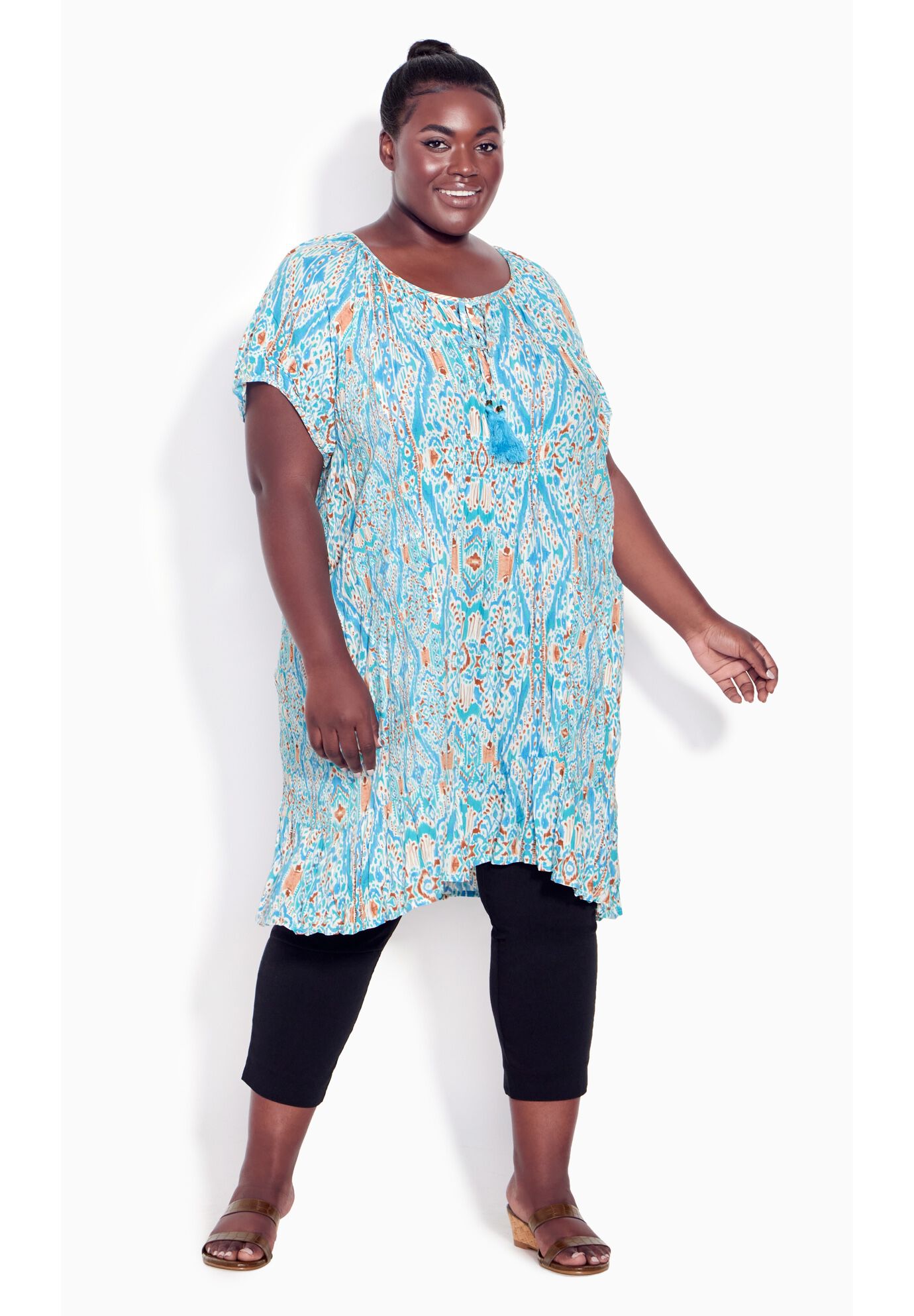 Avalon Crush Tassel Tie Ruffle Tunic, AQUA IKAT, alternate image number 4