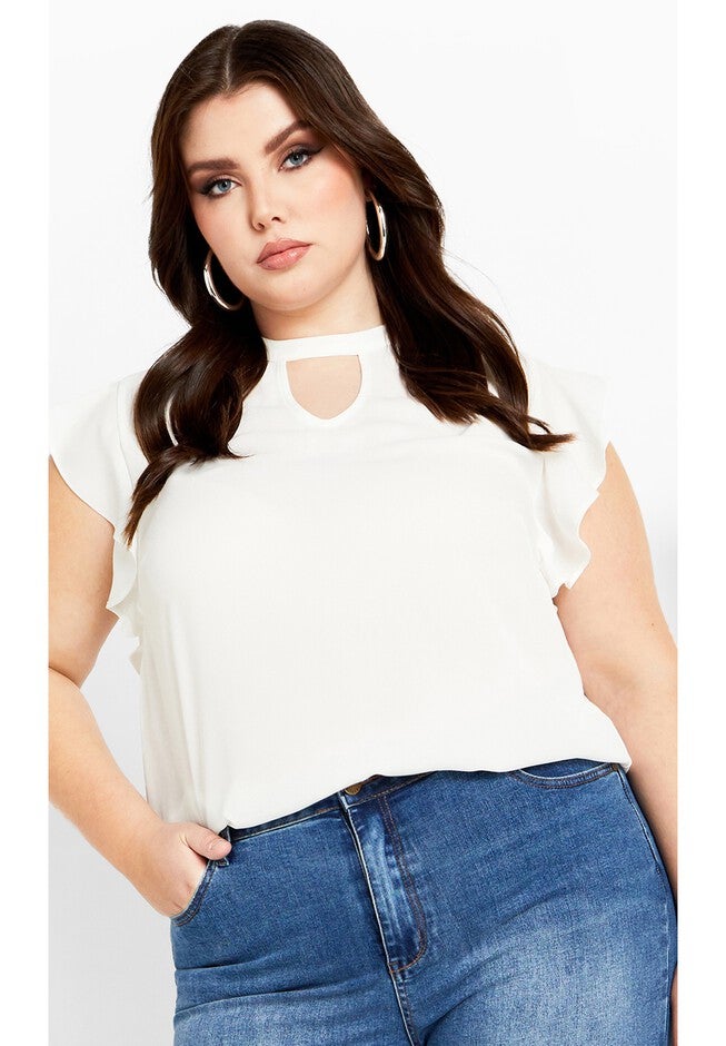 Annabelle Flutter Sleeves Cut Out Top - ivory, WHITE, hi-res image number null