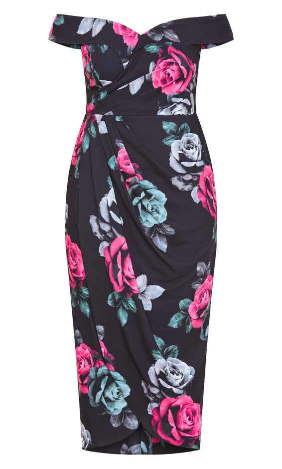 Claire Print Off Shoulder Dress - black, BLACK, alternate image number null