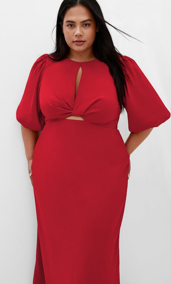 cherry red dress plus size Final Sale Plus Size Satin Strapless Mini Dress with Side Train in Red