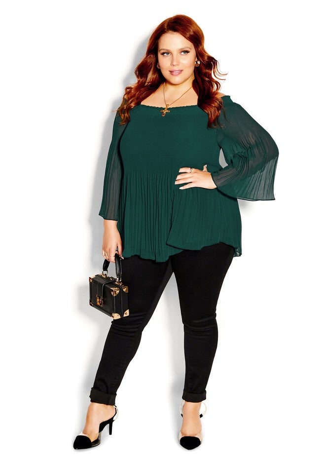 Pleated Off Shoulder Top - jade, GREEN, on-hover image number 1
