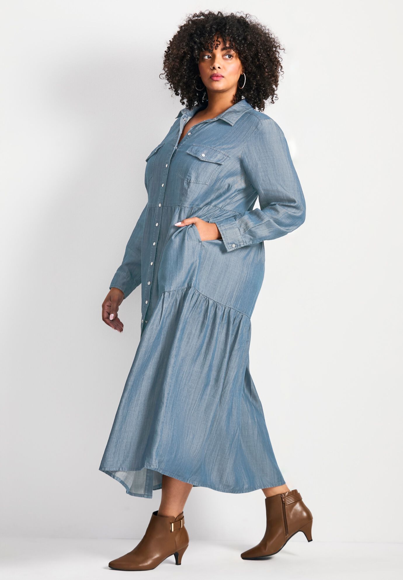 Denim Tiered Shirtdress, MID WASH, alternate image number 2