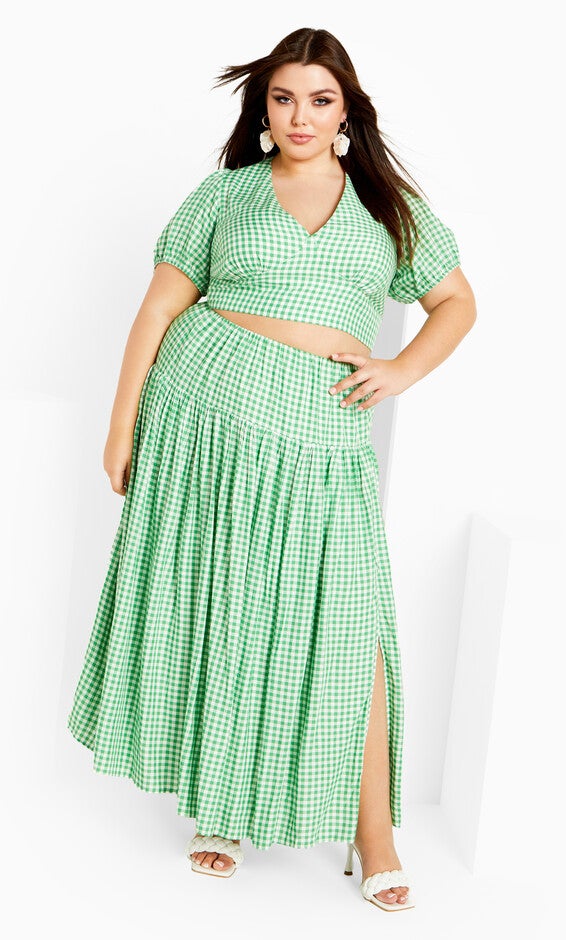 Amber Puff Sleeves Pleated Set - green gingham, GREEN, alternate image number null