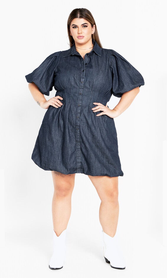 Denim Ella Puff Sleeve Mini Dress - dark denim, DARK, hi-res image number 0