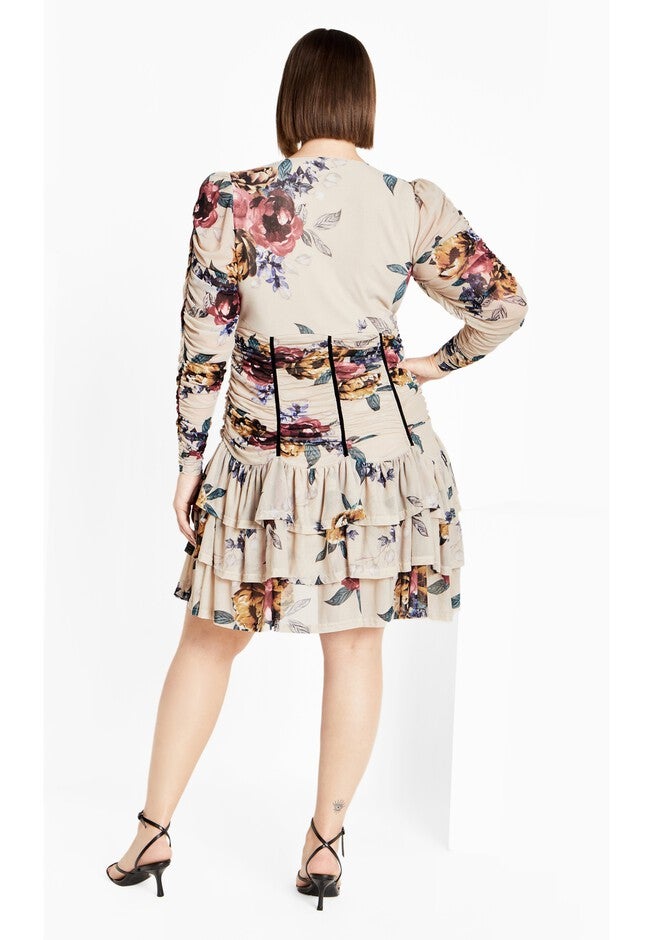 Mesh Ruche Print Dress - cream, GREY, alternate image number null