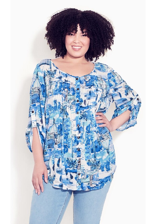 Sandy Pintuck Print Shirt, BLUES CONVERSATION, alternate image number null