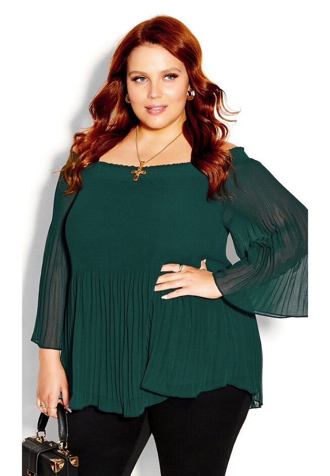 Pleated Off Shoulder Top - jade, GREEN, hi-res image number 0