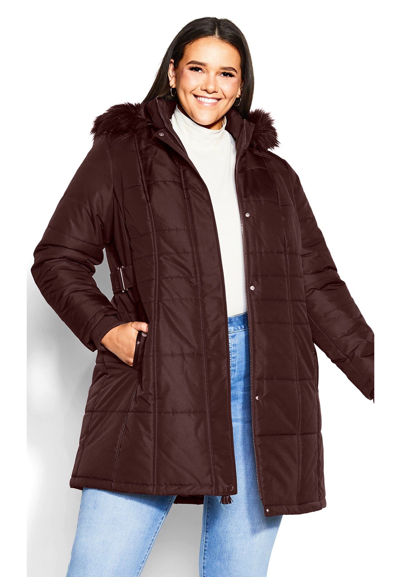 Side Belt Puffer Coat, WINE, hi-res image number 0