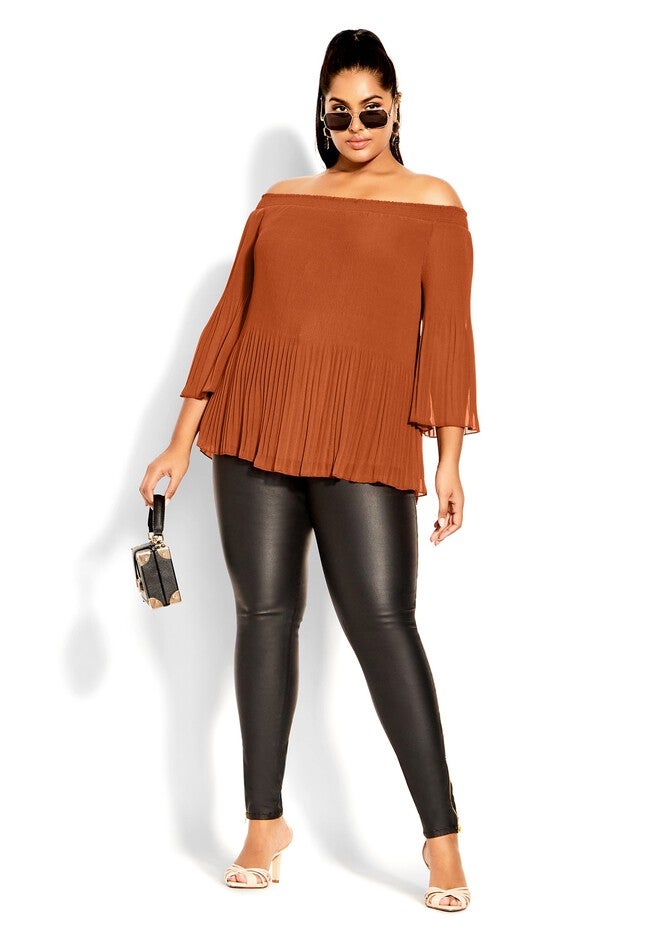 Pleated Off Shoulder Top - ginger, ORANGE, alternate image number null