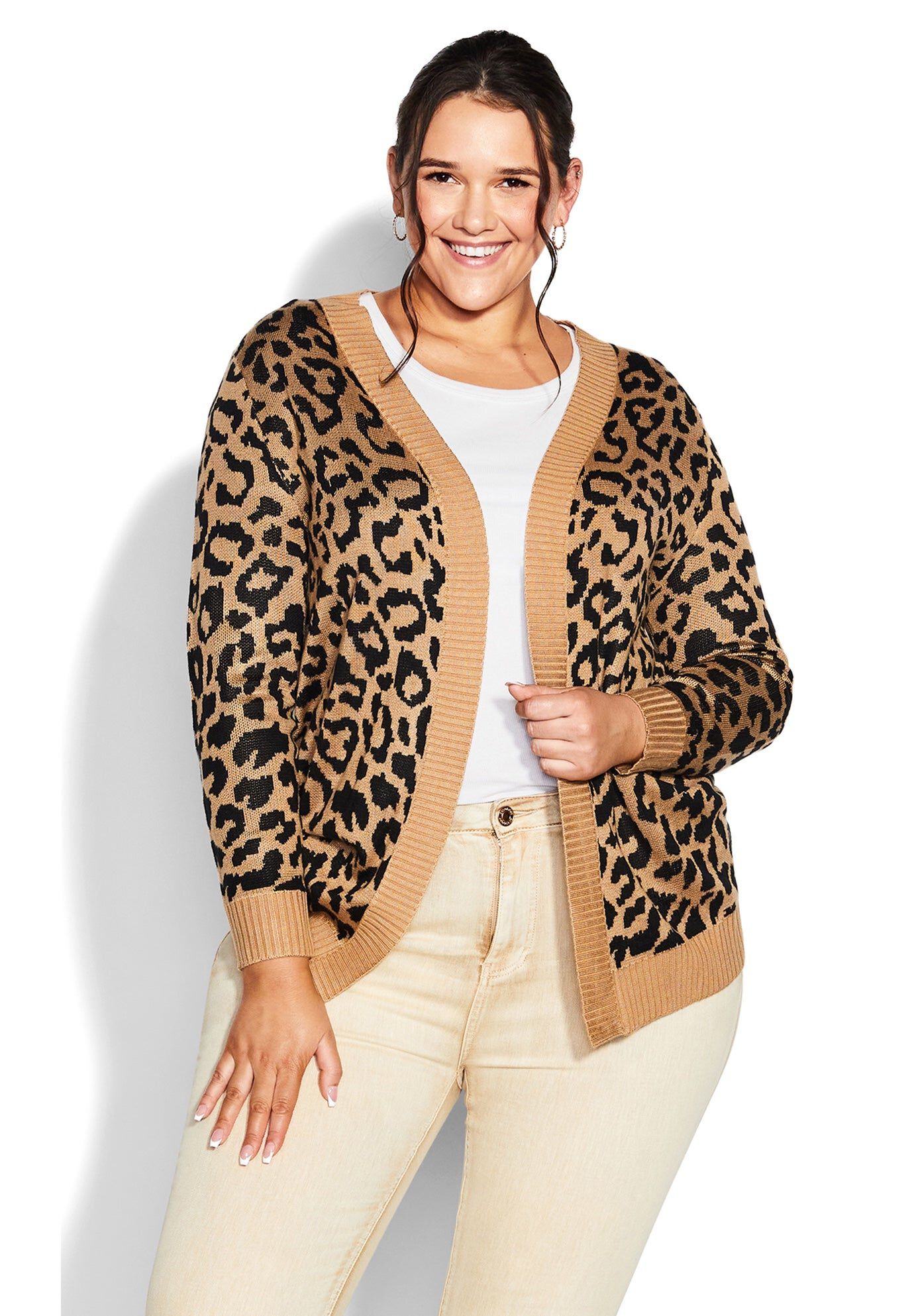 Longline Print Cardigan, TAN, hi-res image number 0