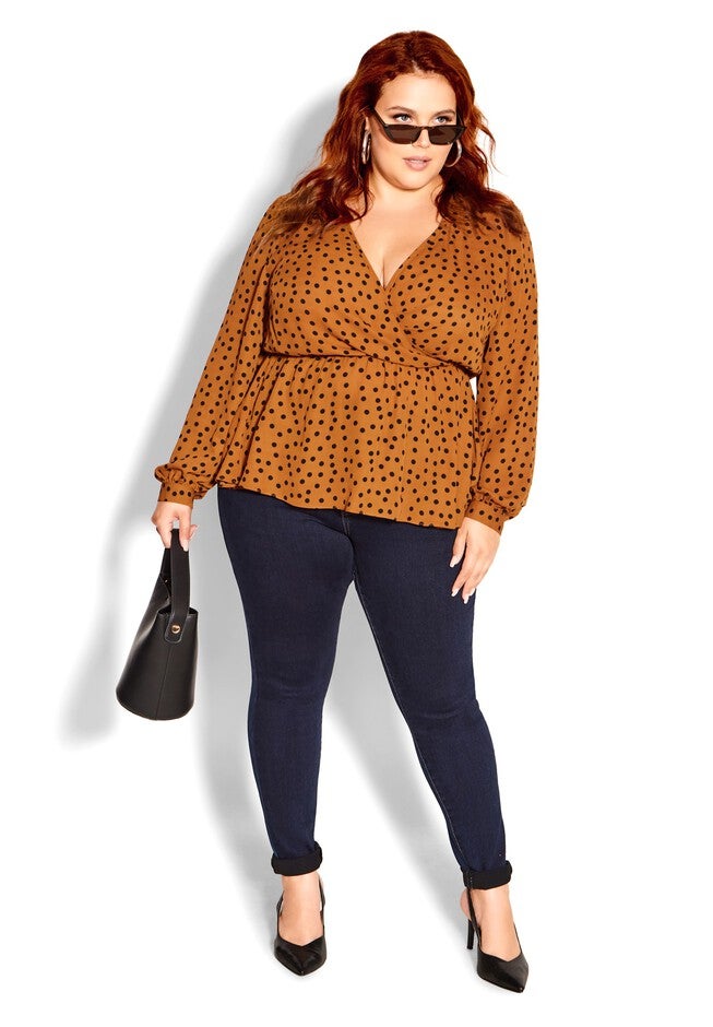 Dotty Wrap Top - caramel, ORANGE, on-hover image number 1