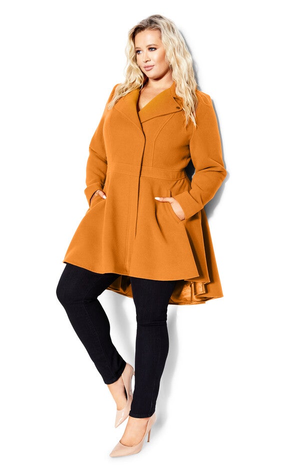 Hi Lo Frill Coat - deep caramel, YELLOW, hi-res image number null