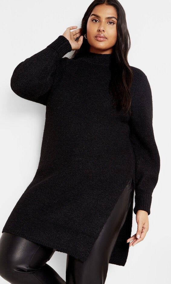 Longline Split Sweater - black, BLACK, hi-res image number null
