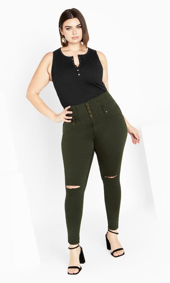 Asha Slit Corset High Rise Jean - khaki, GREEN, alternate image number null