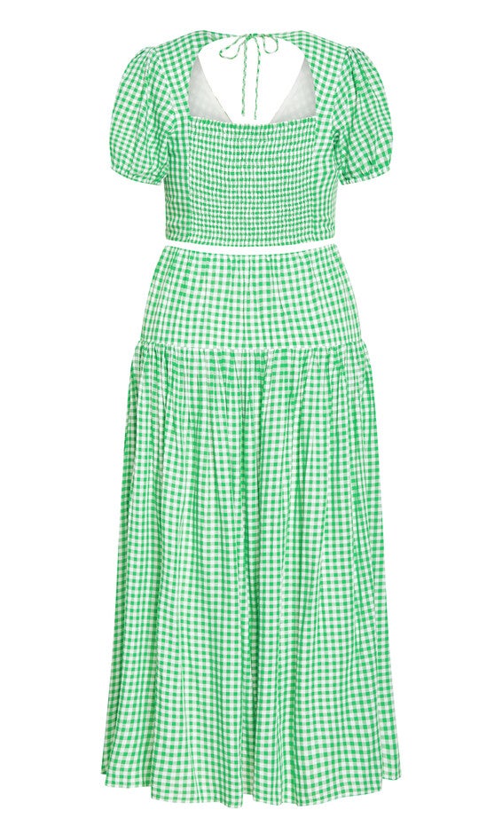 Amber Puff Sleeves Pleated Set - green gingham, GREEN, alternate image number null