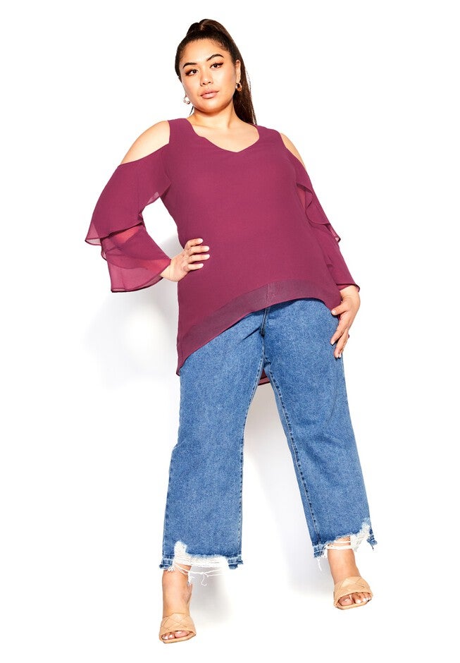 Hi Lo Cold Shoulder Top - sangria, RED, alternate image number null