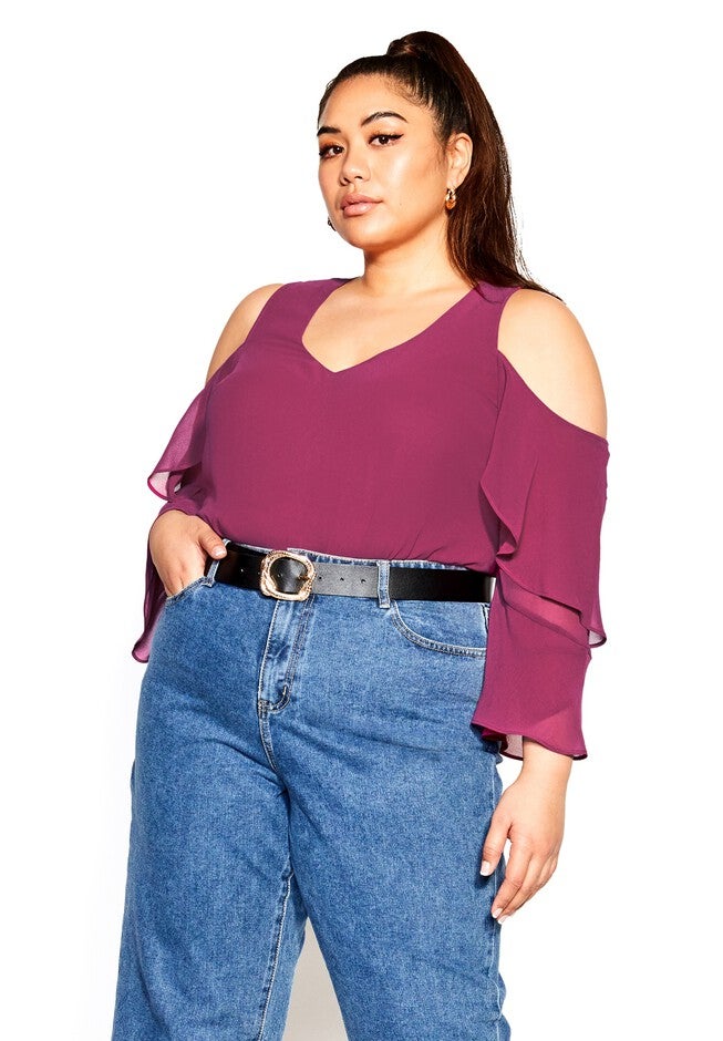 Hi Lo Cold Shoulder Top - sangria, RED, hi-res image number null