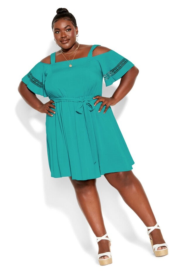 Trim Shoulder Dress - aqua, BLUE, hi-res image number 0
