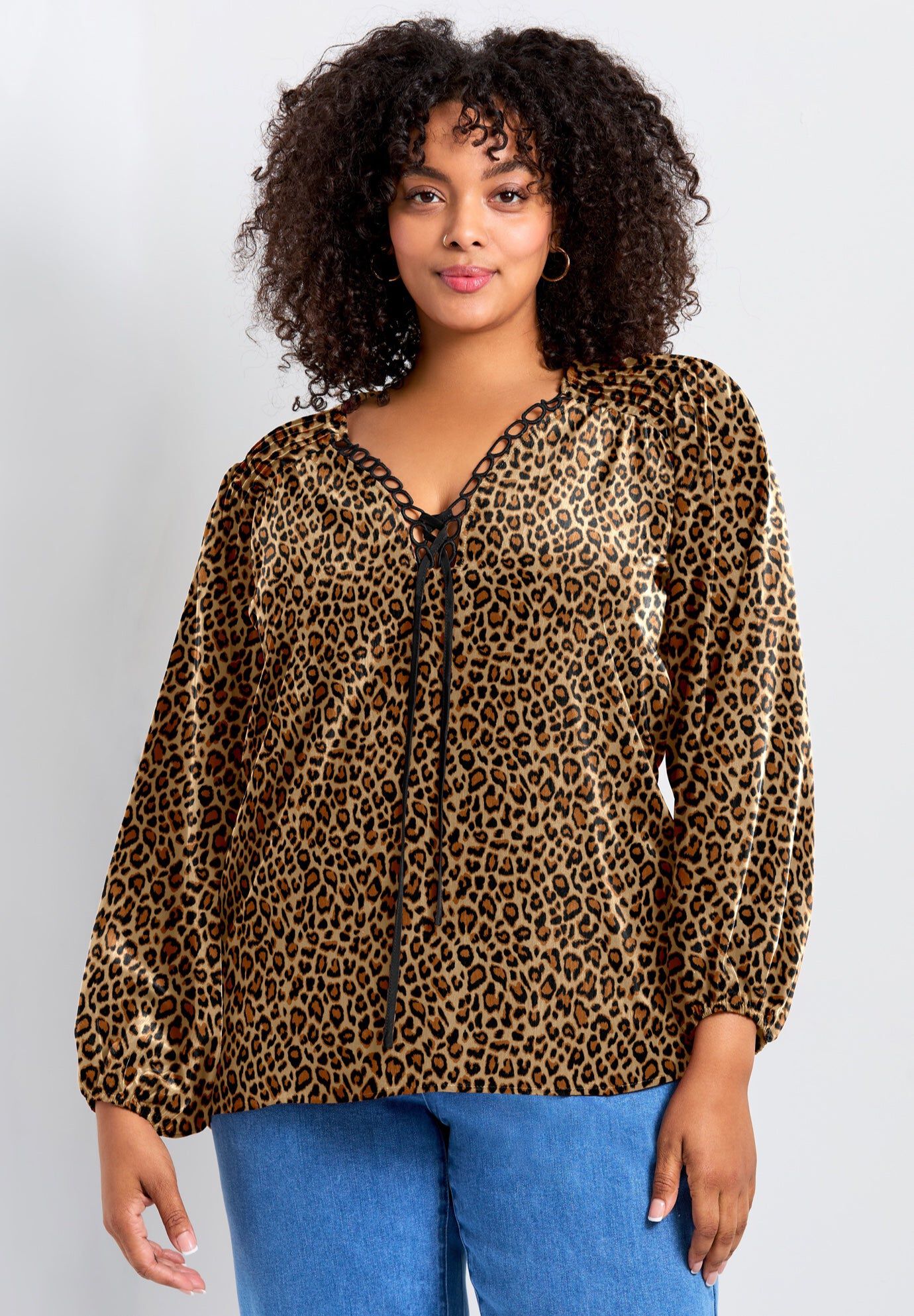 Scallop Trim Peasant Blouse, NEUTRAL ANIMAL PRINT, hi-res image number 0