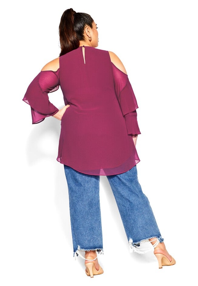 Hi Lo Cold Shoulder Top - sangria, RED, alternate image number null