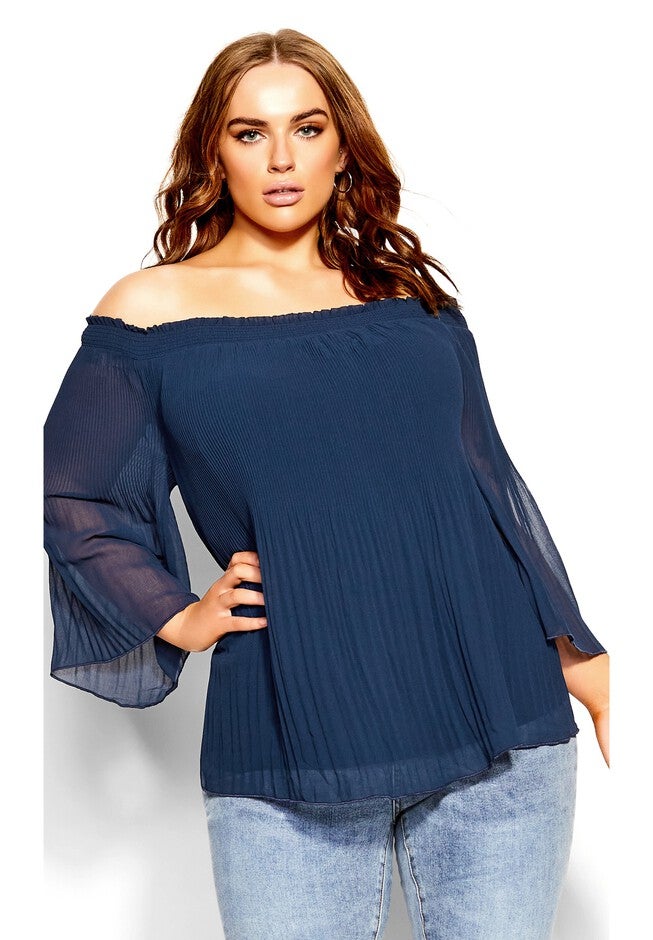 Pleated Off Shoulder Top - navy, BLUE, hi-res image number 0