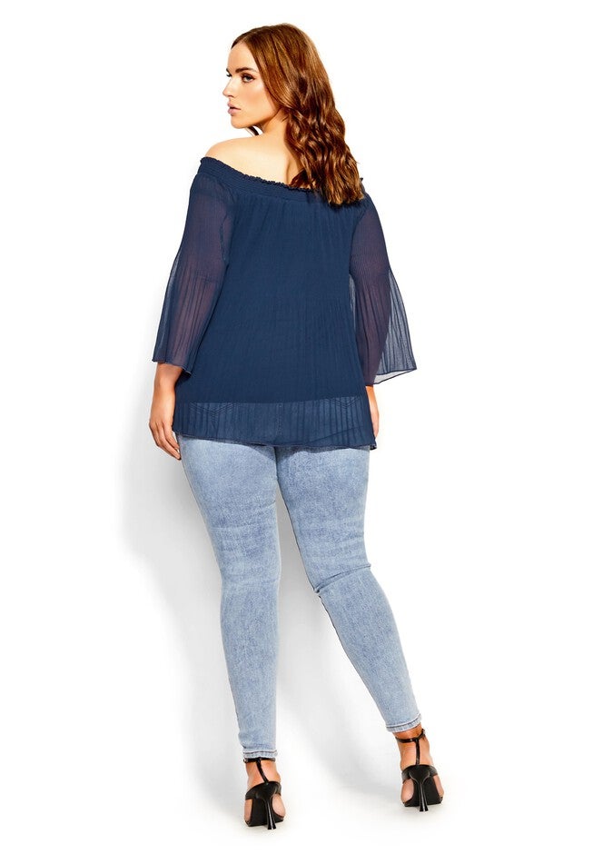 Pleated Off Shoulder Top - navy, BLUE, alternate image number 3