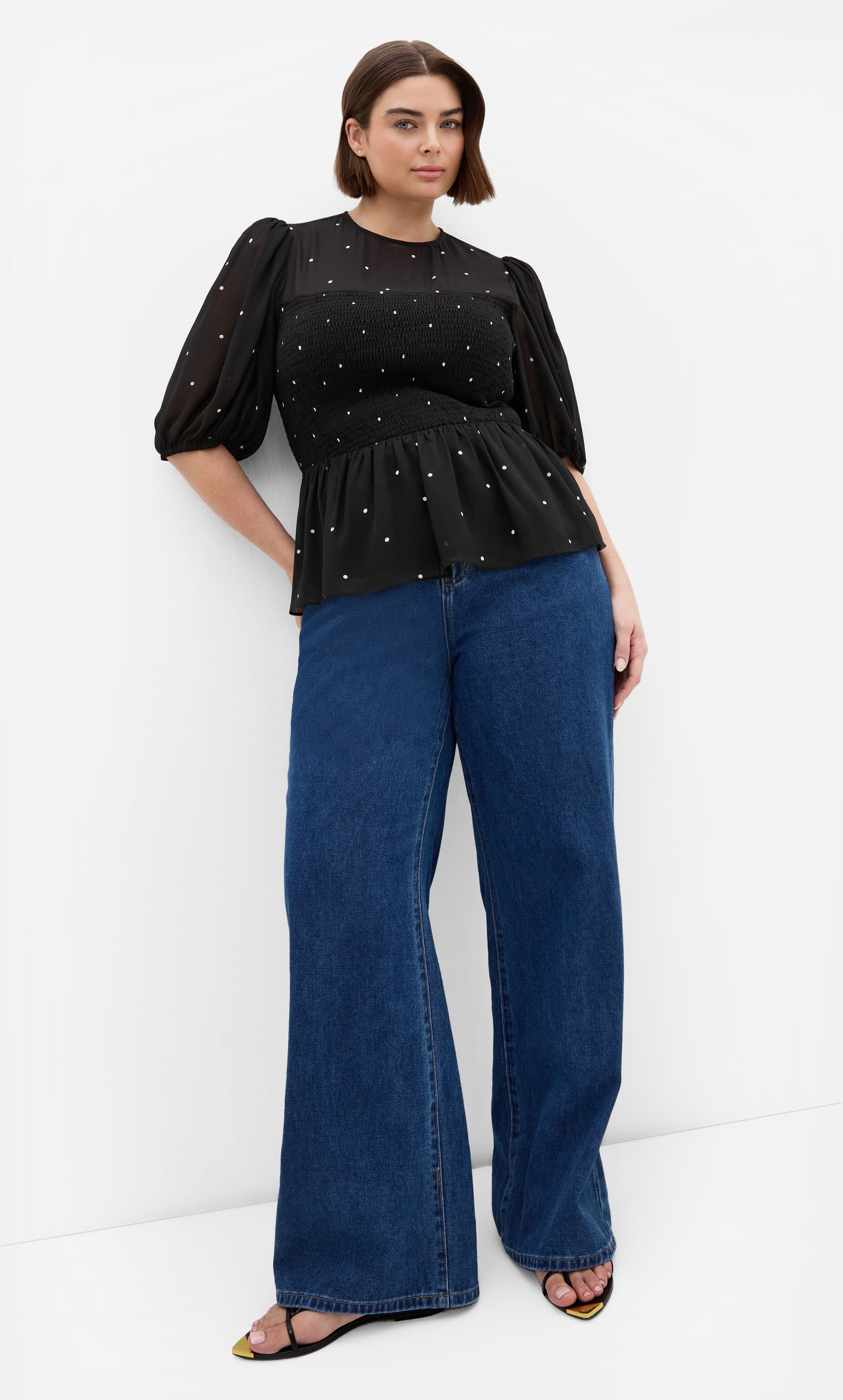 Esther Spot Print Shirred Top, BLACK, on-hover image number 1